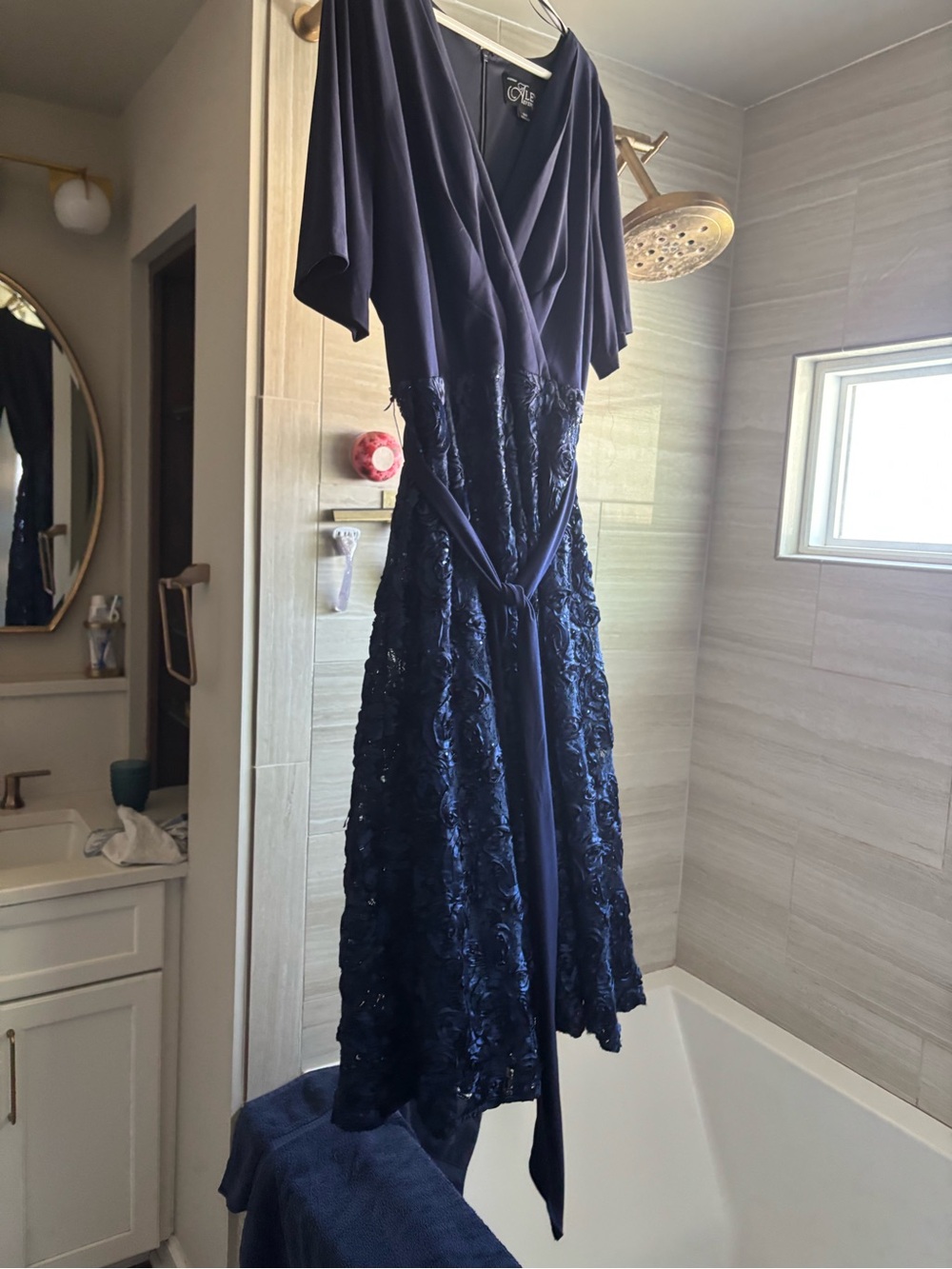 PLUS - LACE & JERSEY COCKTAIL DRESS WITH ROSETTE LACE SKIRT AND TIE BELT